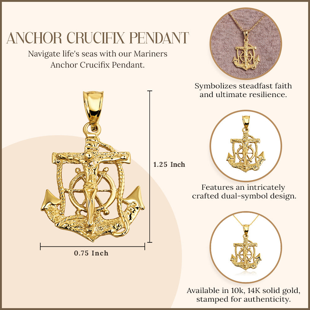 Gold Mariners Anchor Crucifix Pendant Necklace, view 5