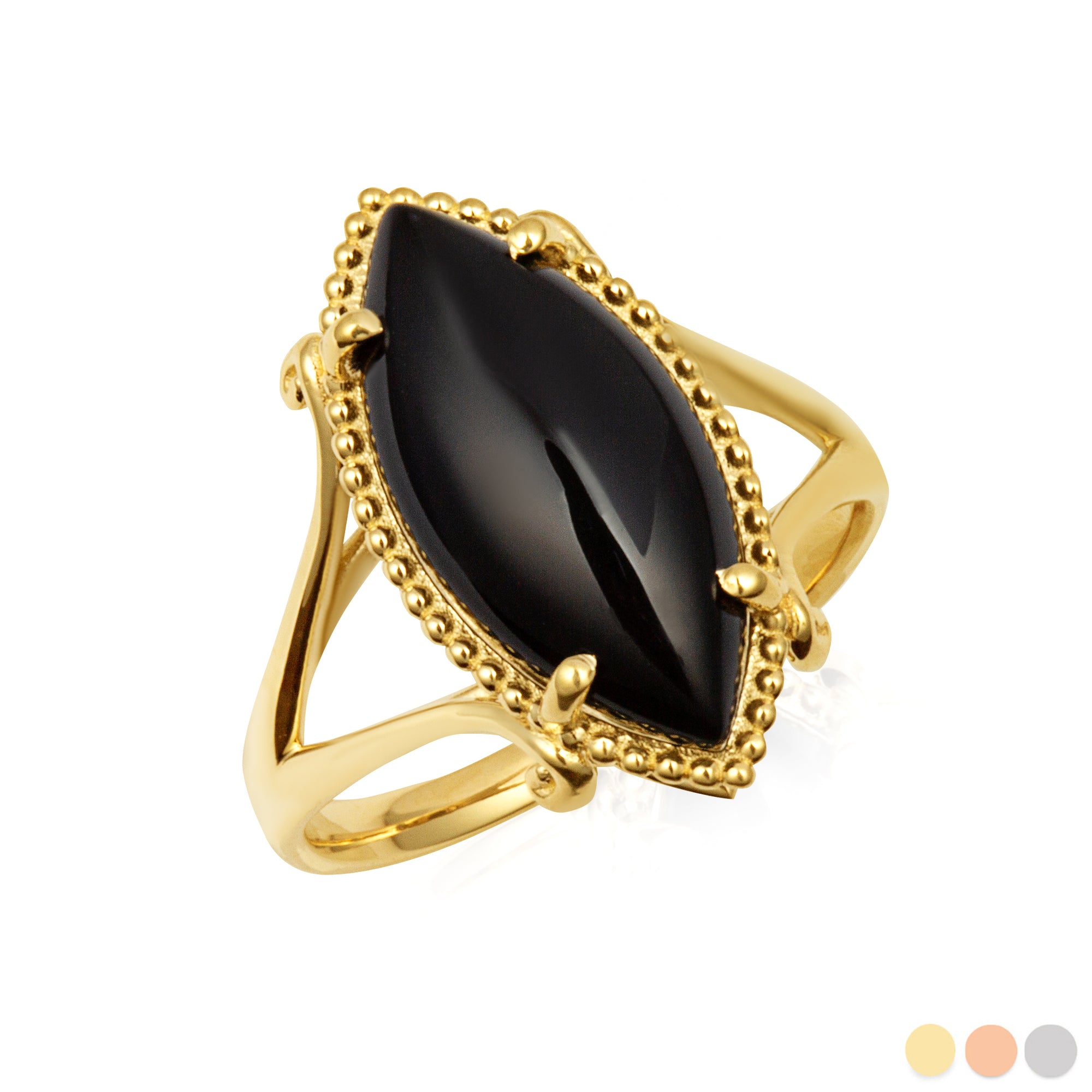 Gold Marquise Cut Black Onyx Gemstone Milgrain Ring