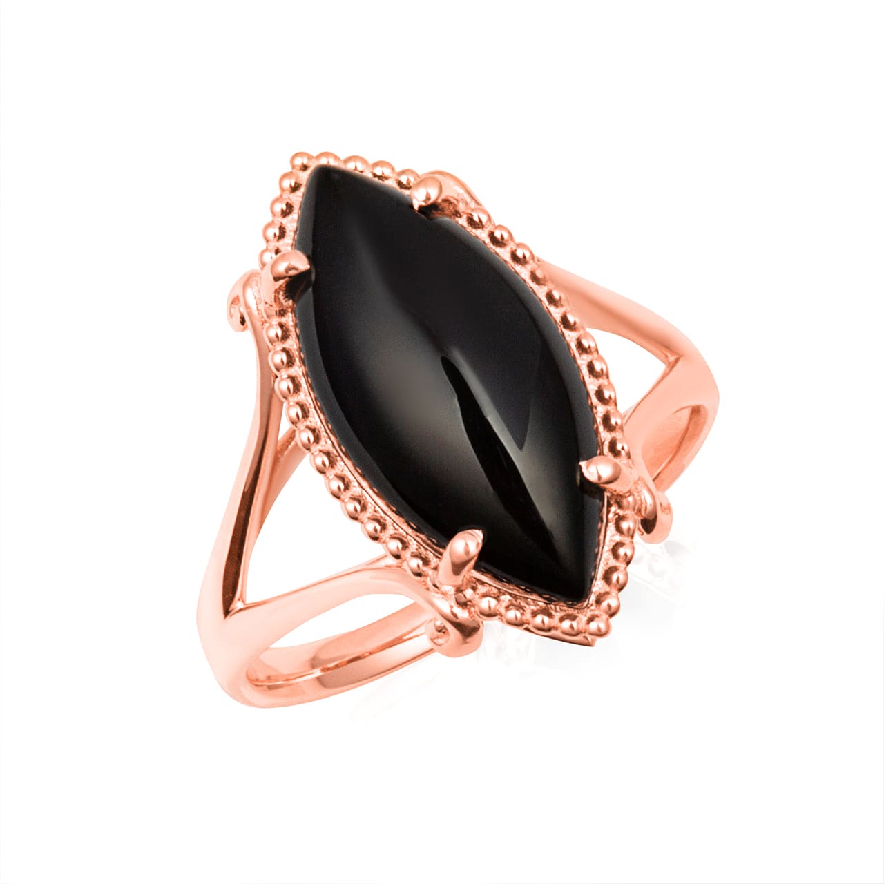Gold Marquise Cut Black Onyx Gemstone Milgrain Ring, view 3