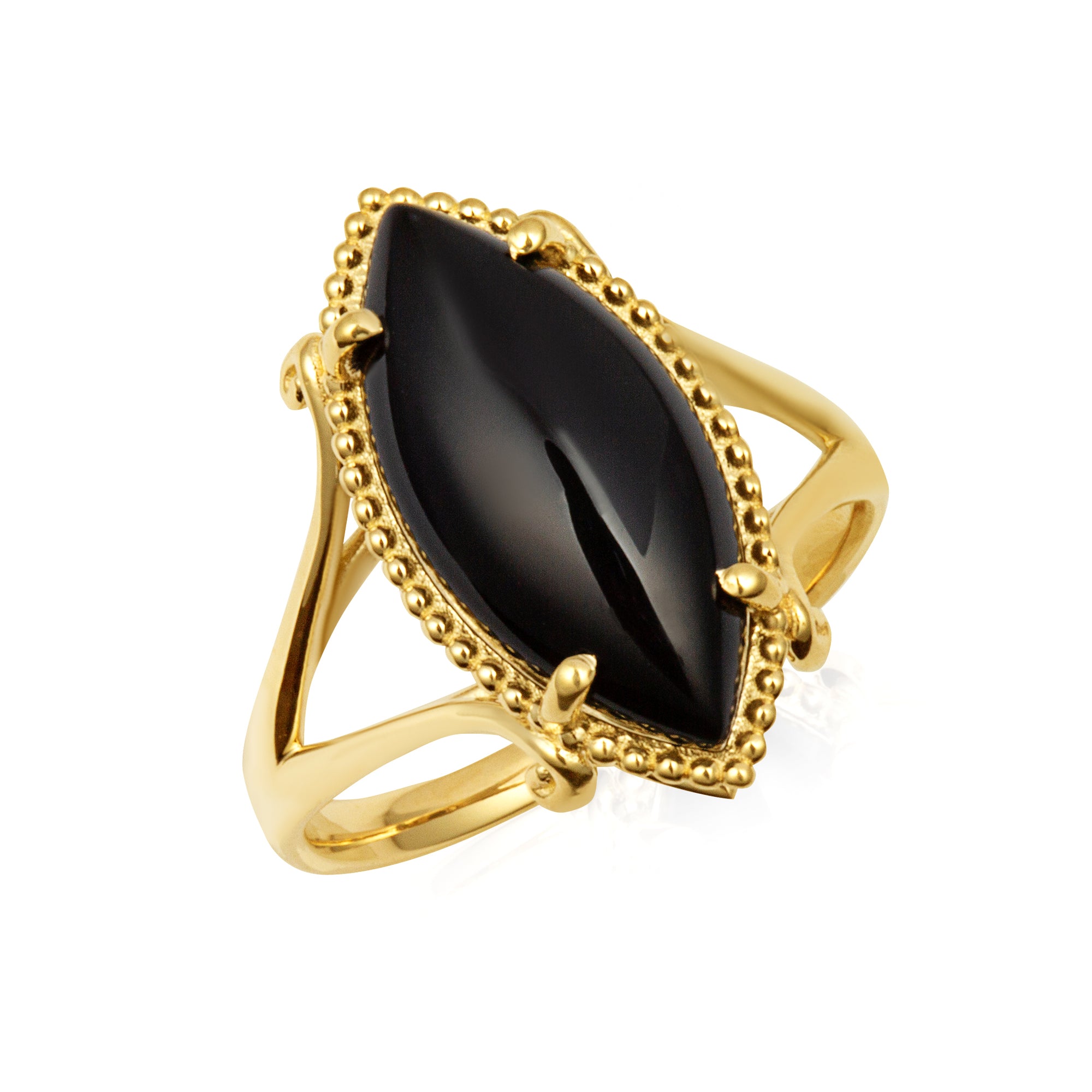 Gold Marquise Cut Black Onyx Gemstone Milgrain Ring, view 5