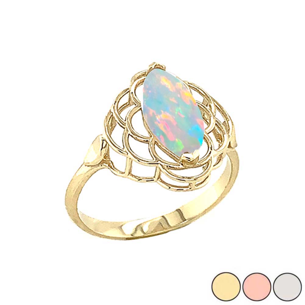 Gold Marquise Cut Lab Created Opal Birthstone Filigree Ring