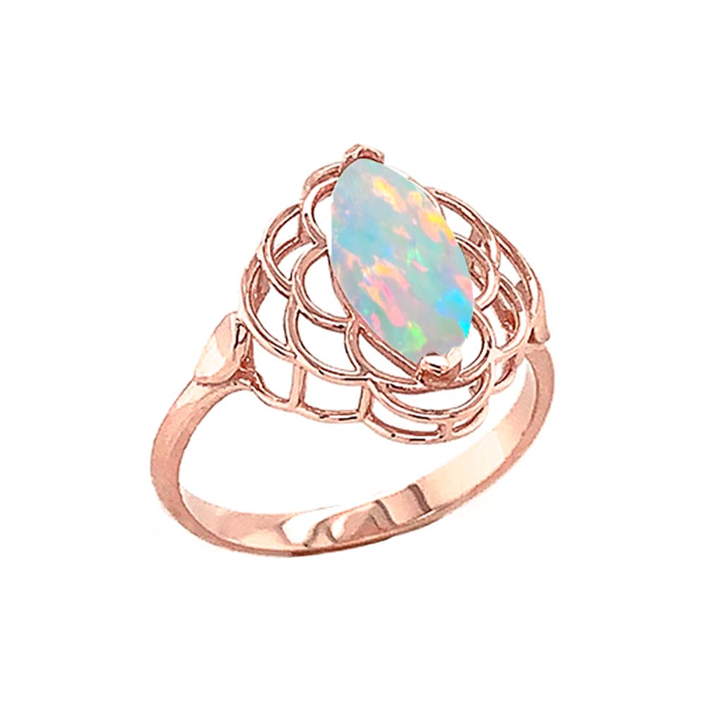 Gold Marquise Cut Lab Created Opal Birthstone Filigree Ring, view 2