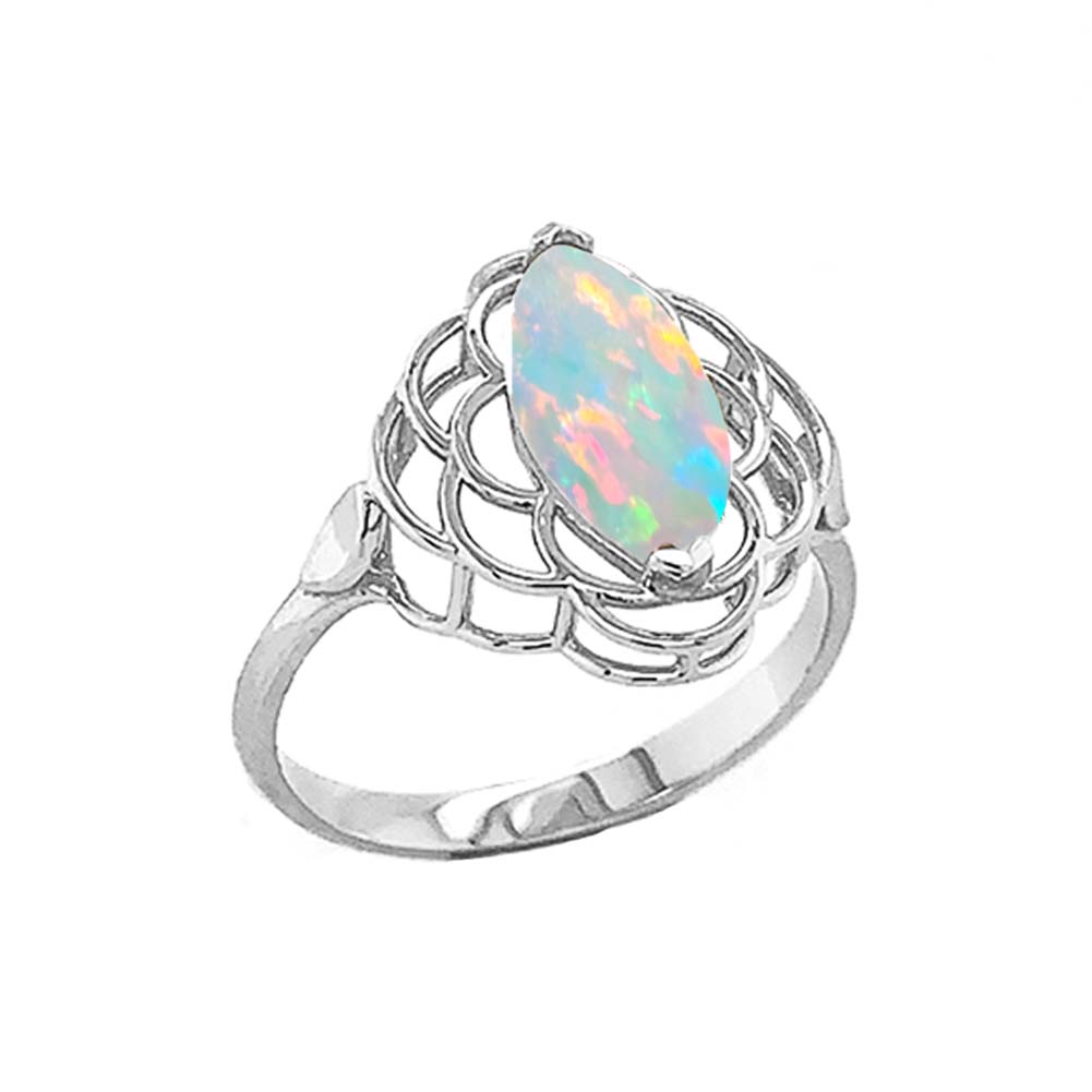 Gold Marquise Cut Lab Created Opal Birthstone Filigree Ring, view 3