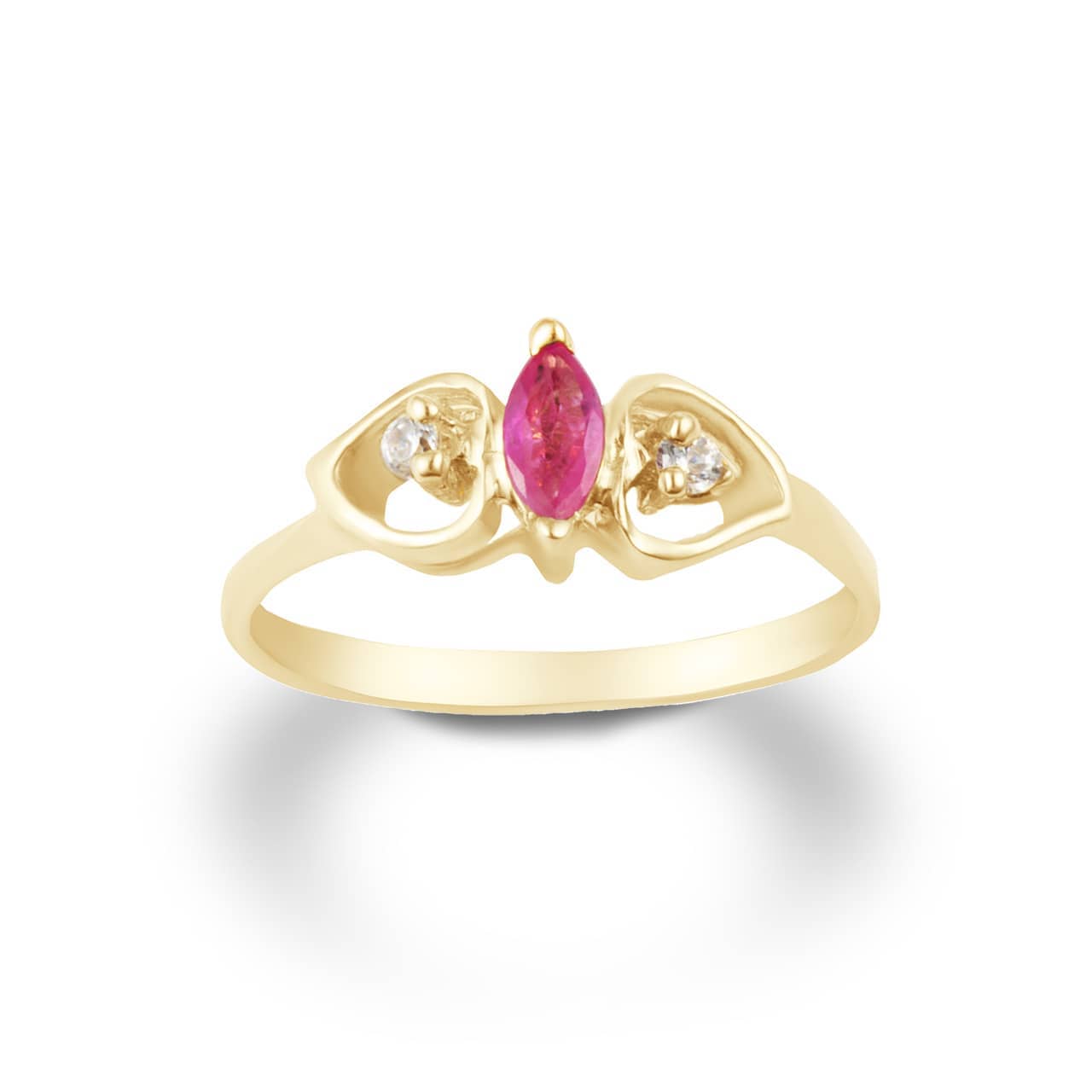 Gold Marquise Cut Ruby Gemstone & White Topaz Double Heart Women's Ring