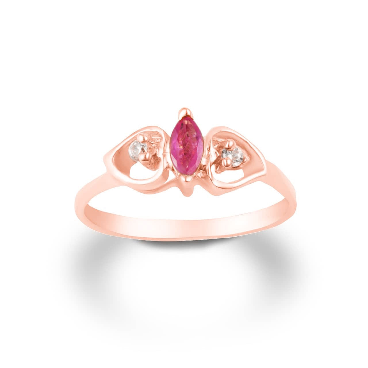 Gold Marquise Cut Ruby Gemstone & White Topaz Double Heart Women's Ring, view 3