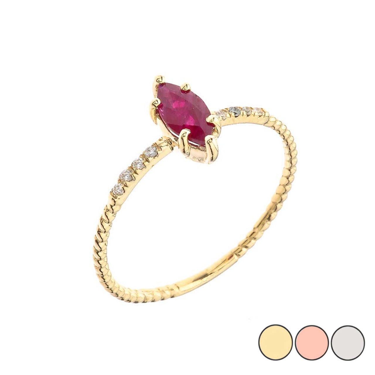 Gold Marquise Cut Ruby Gemstone Diamond Rope Ring