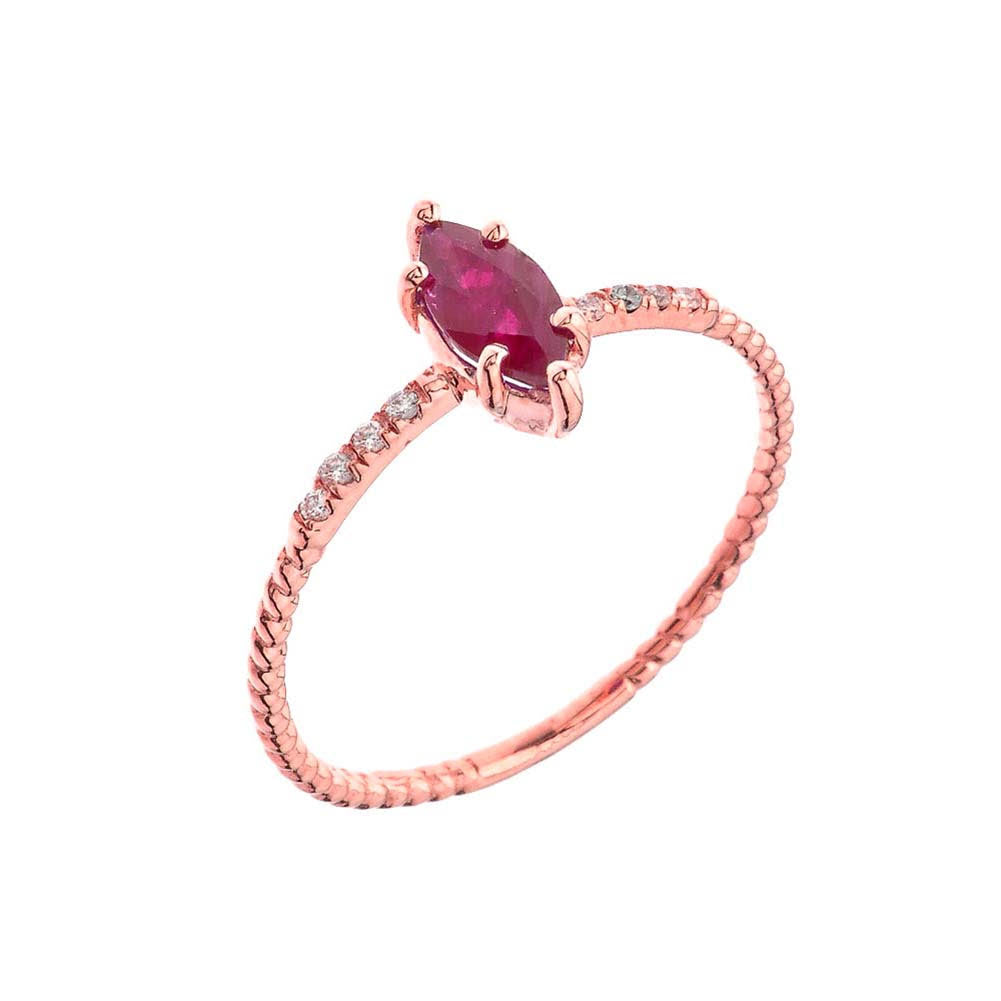 Gold Marquise Cut Ruby Gemstone Diamond Rope Ring, view 2