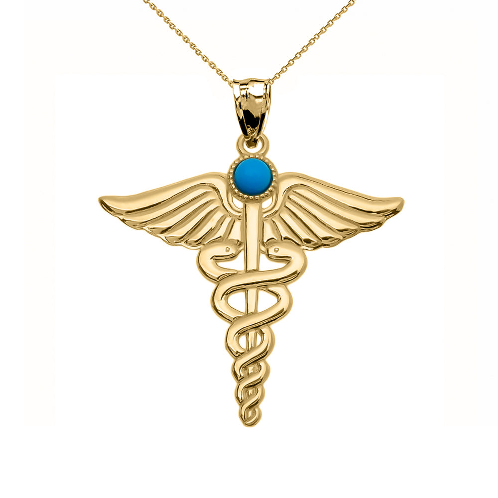Gold Medical Caduceus Turquoise Gemstone Pendant Necklace