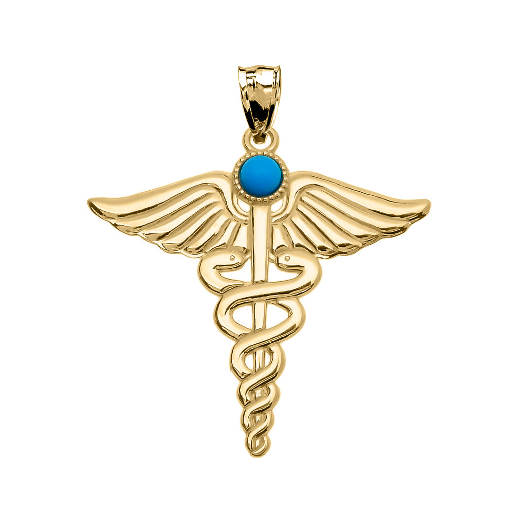 Gold Medical Caduceus Turquoise Gemstone Pendant Necklace, view 2