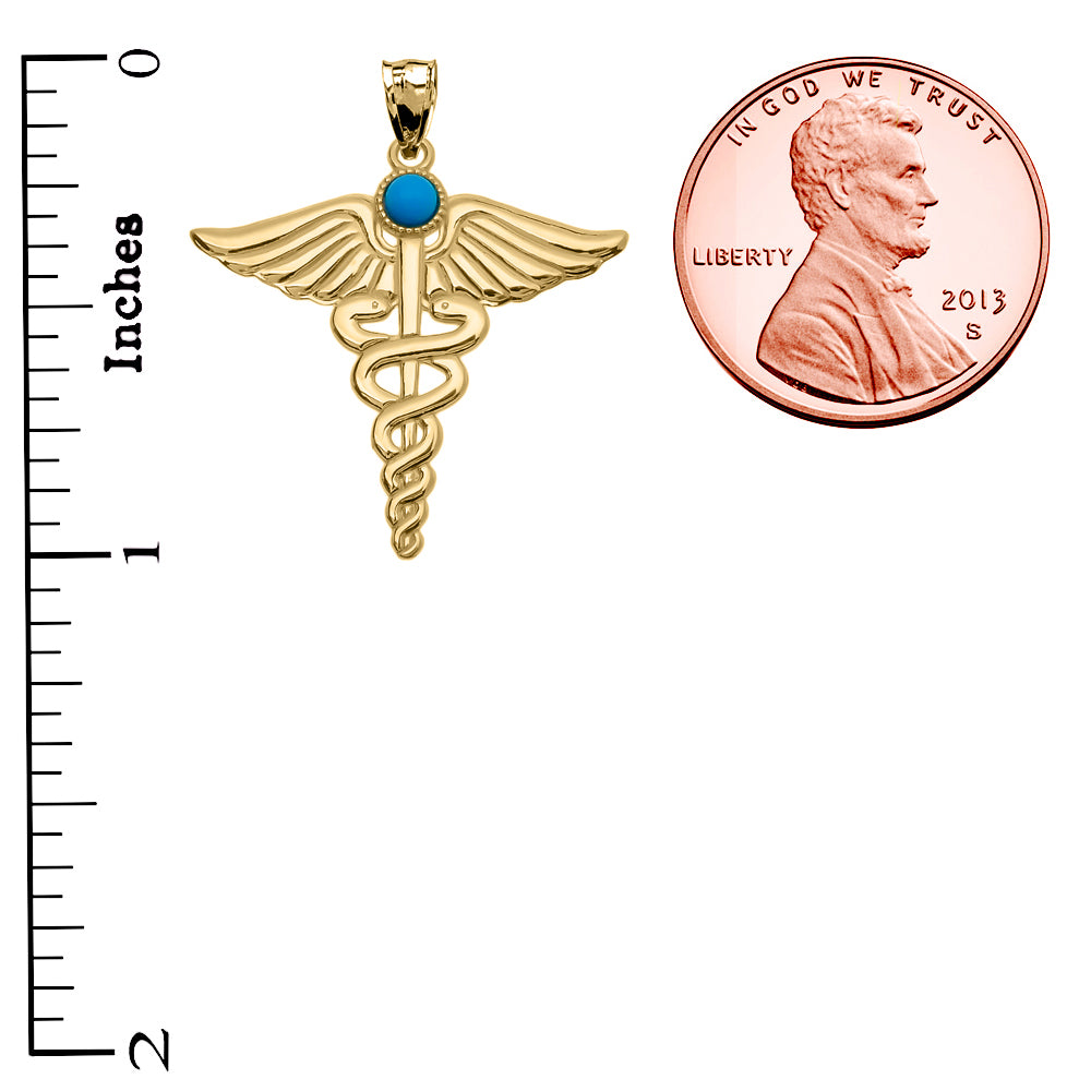 Gold Medical Caduceus Turquoise Gemstone Pendant Necklace, view 3