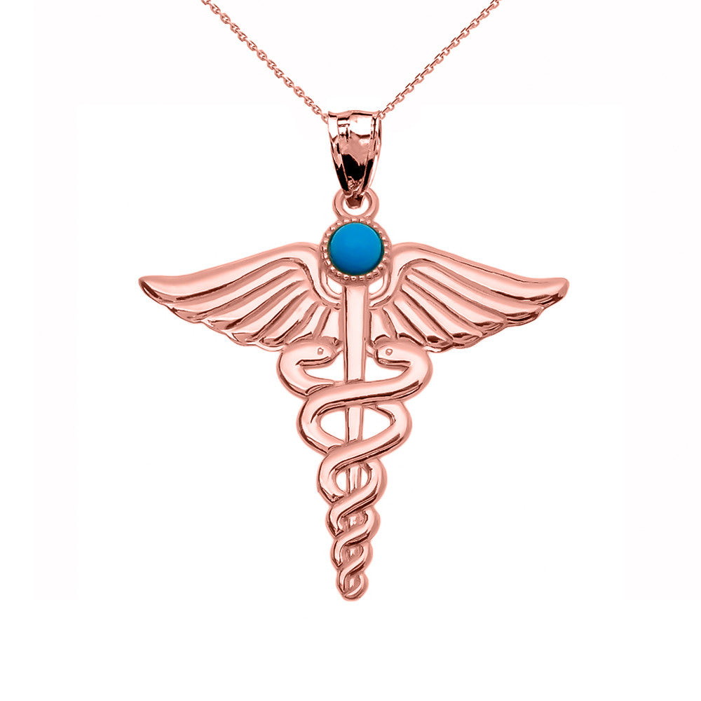 Gold Medical Caduceus Turquoise Gemstone Pendant Necklace, view 5