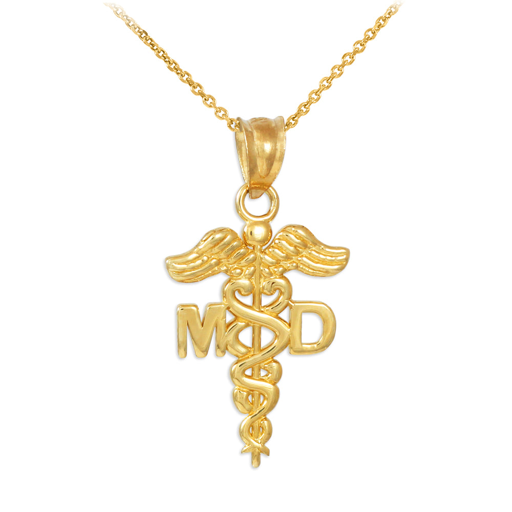 Gold Medical Doctor MD Caduceus Charm Pendant Necklace, view 3