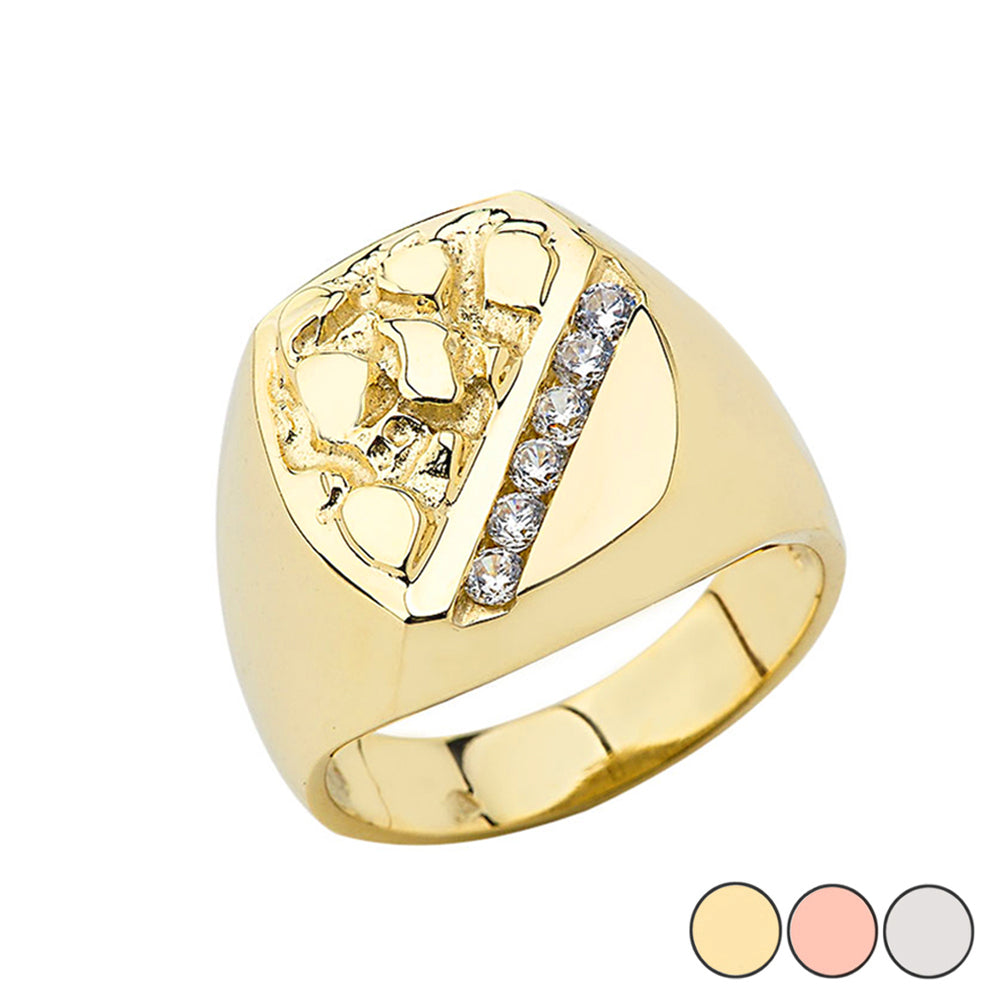 Gold Men's Cubic Zirconia Nugget Striped Signet Ring