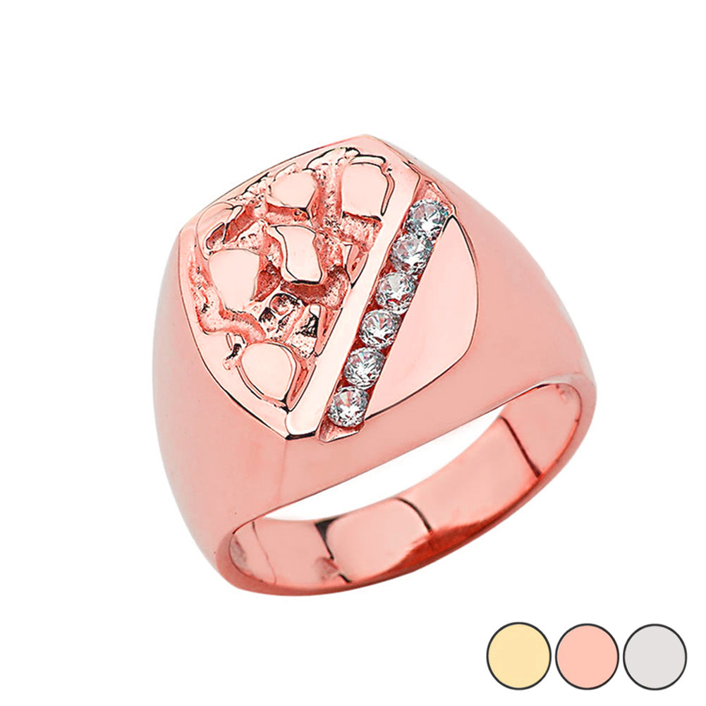 Gold Men's Cubic Zirconia Nugget Striped Signet Ring, view 2