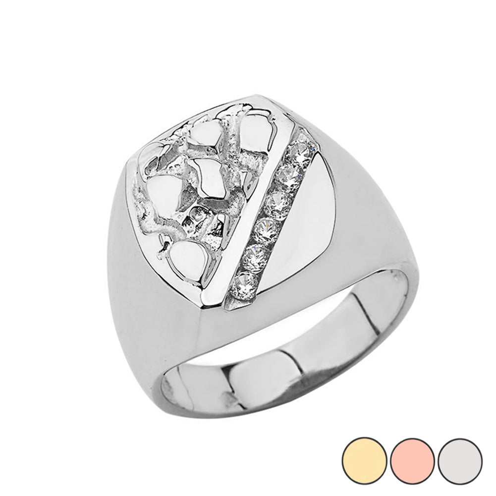 Gold Men's Cubic Zirconia Nugget Striped Signet Ring, view 3