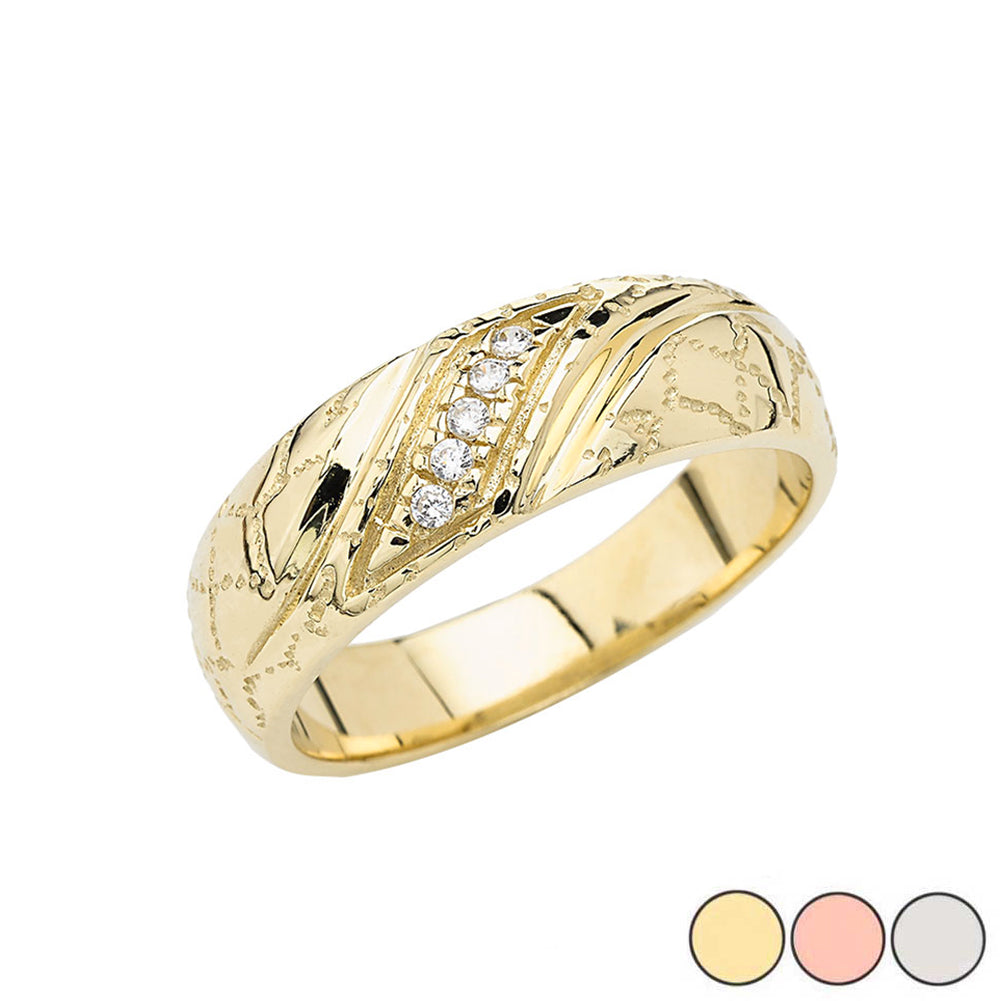 Gold Men's Cubic Zirconia Striped Nugget Wedding Band Ring