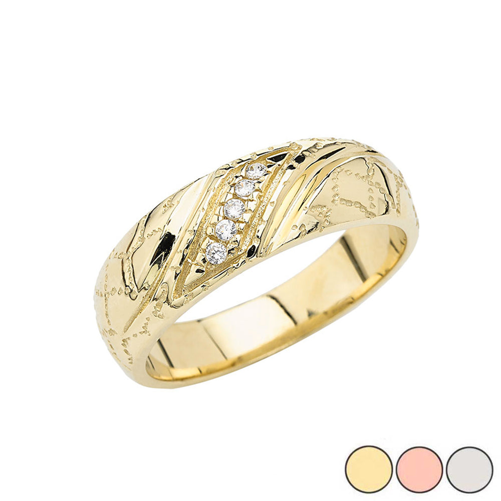 Gold Men's Diamond Striped Nugget Wedding Band Ring