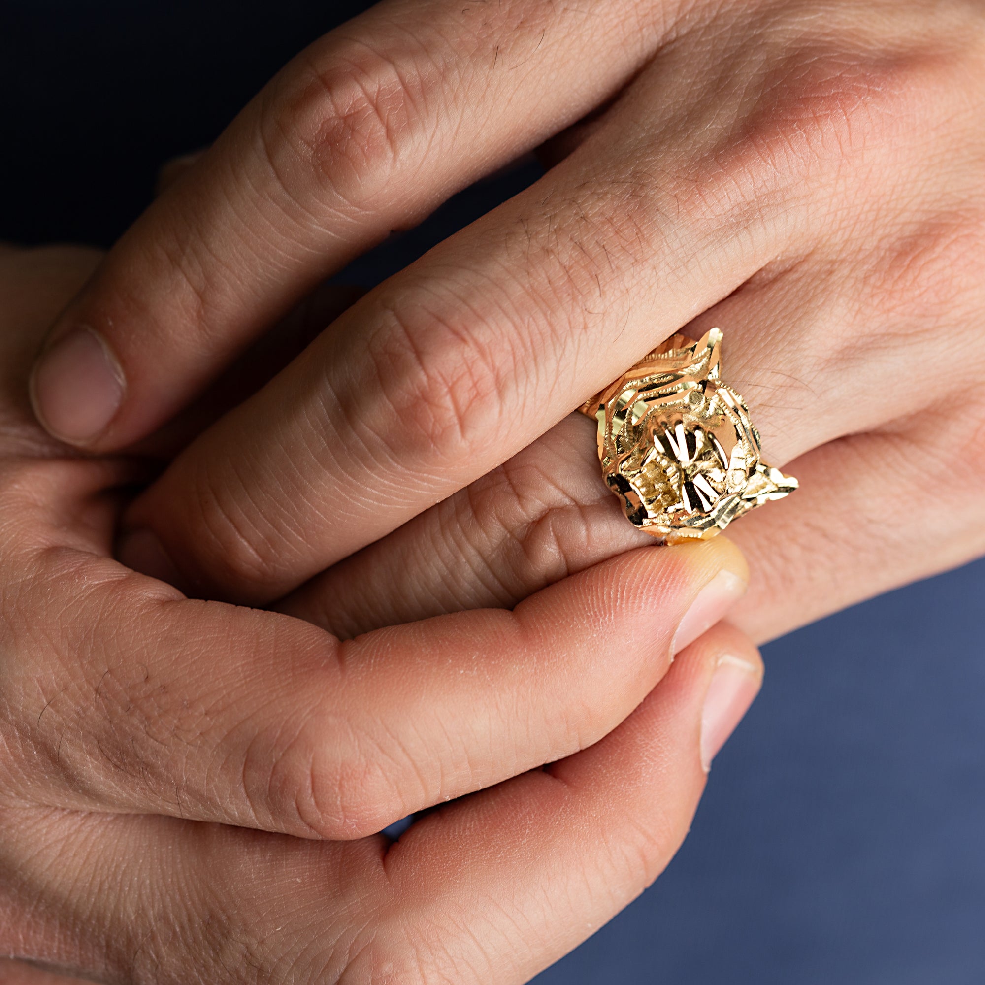 Gold Men's Roaring Sparkle Cut Tiger Ring, view 2