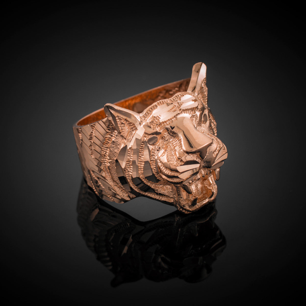 Gold Men's Roaring Sparkle Cut Tiger Ring, view 4