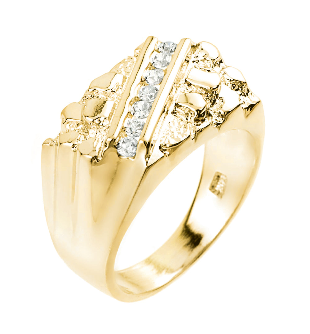 Gold Men's Striped Cubic Zirconia Nugget Ring