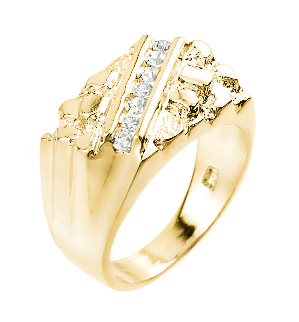 Gold Men's Striped Cubic Zirconia Nugget Ring