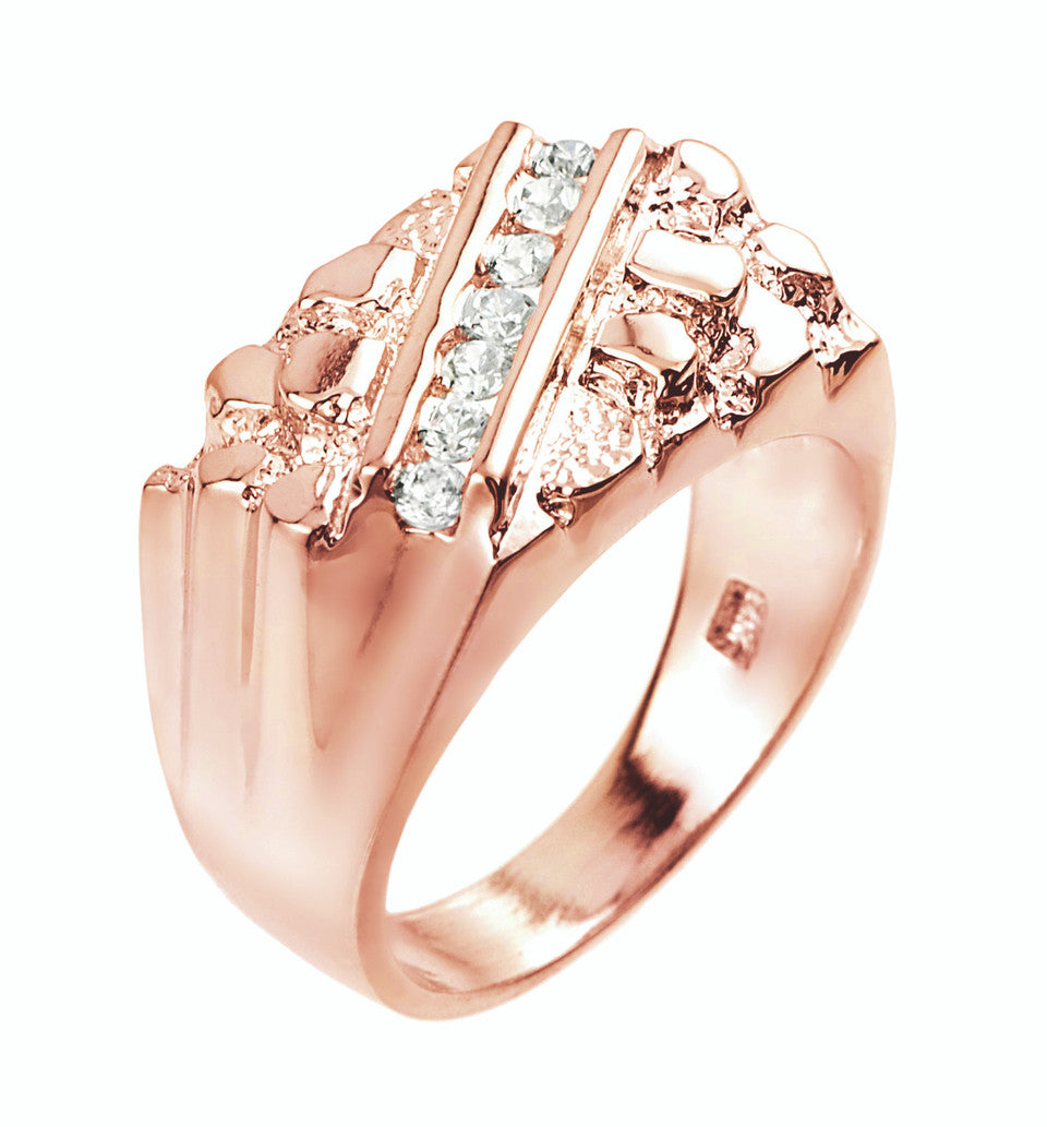 Gold Men's Striped Cubic Zirconia Nugget Ring, view 3