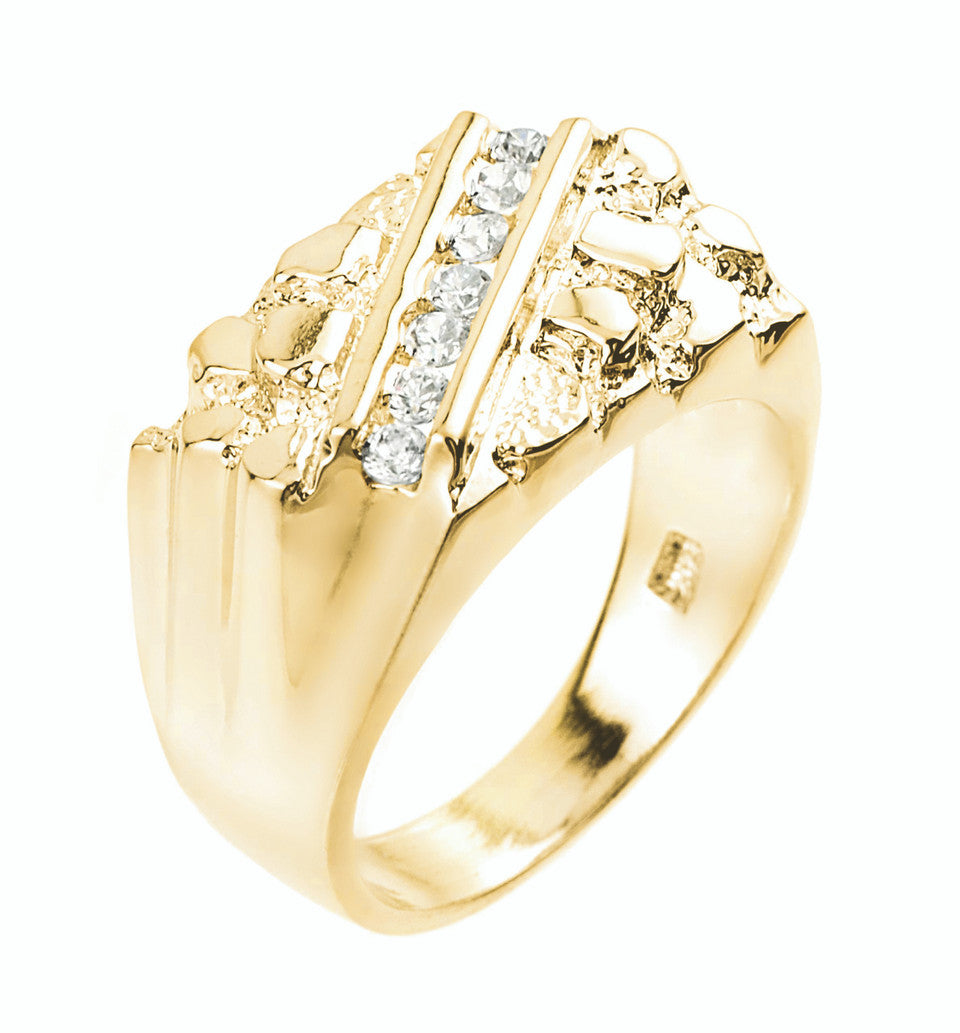 Gold Men's Striped Cubic Zirconia Nugget Ring, view 4