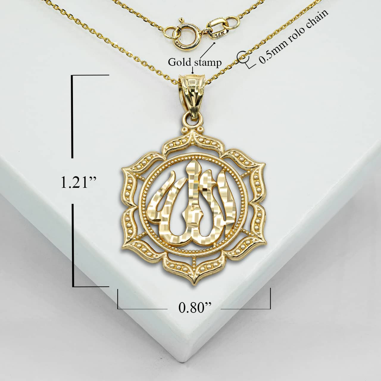 Gold Milgrain Border Allah Pendant Necklace, view 3