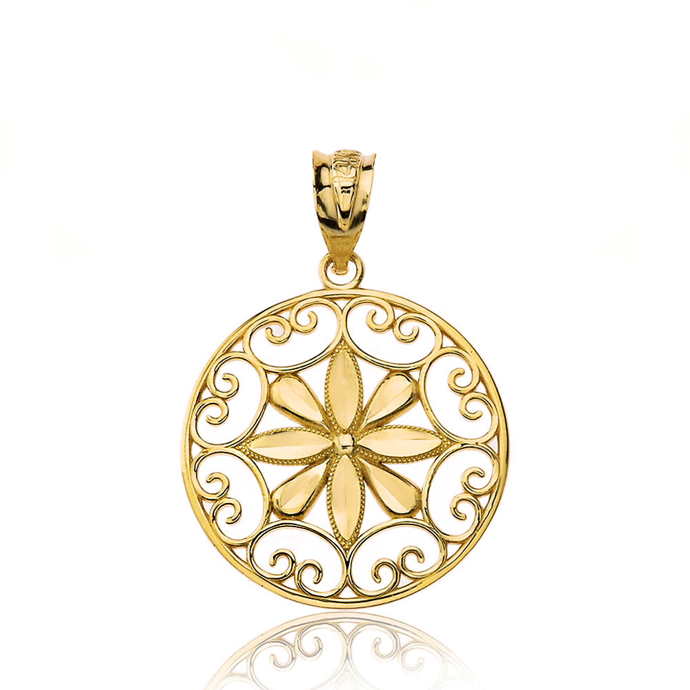 Gold Milgrain Daisy Flower Filigree Pendant Necklace