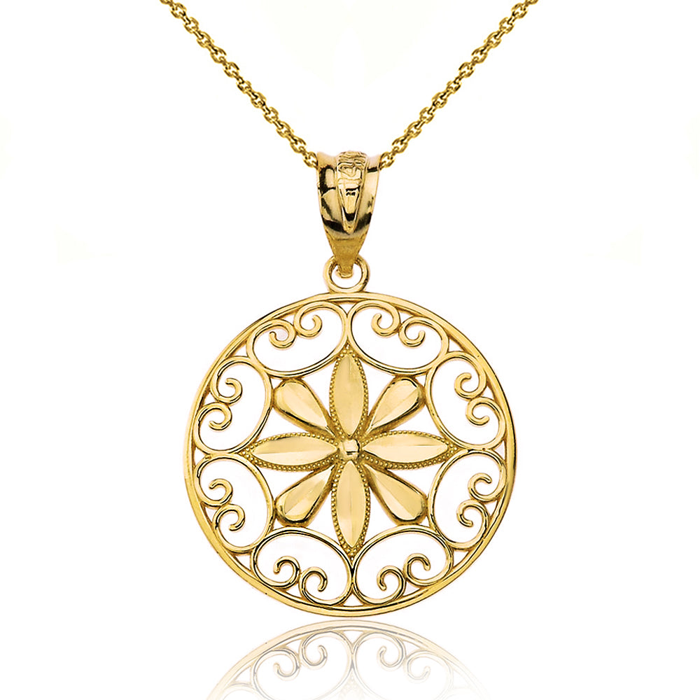 Gold Milgrain Daisy Flower Filigree Pendant Necklace, view 2