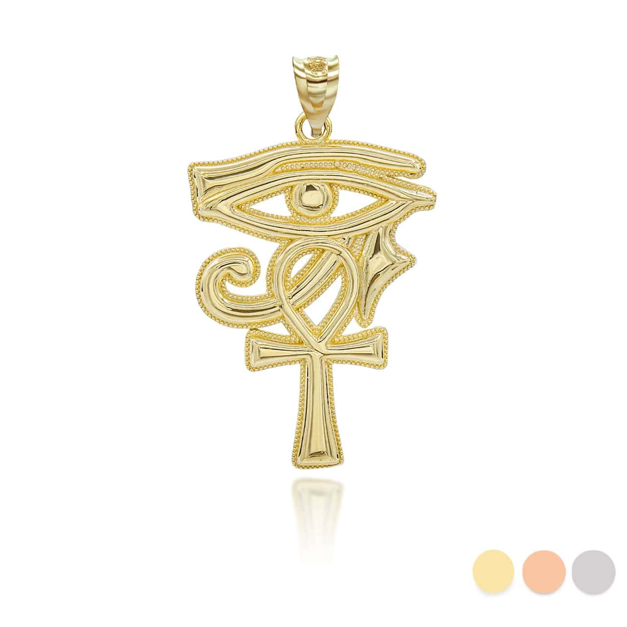 Gold Milgrain Egyptian Ankh Cross Eye of Horus Wadjet Pendant Necklace