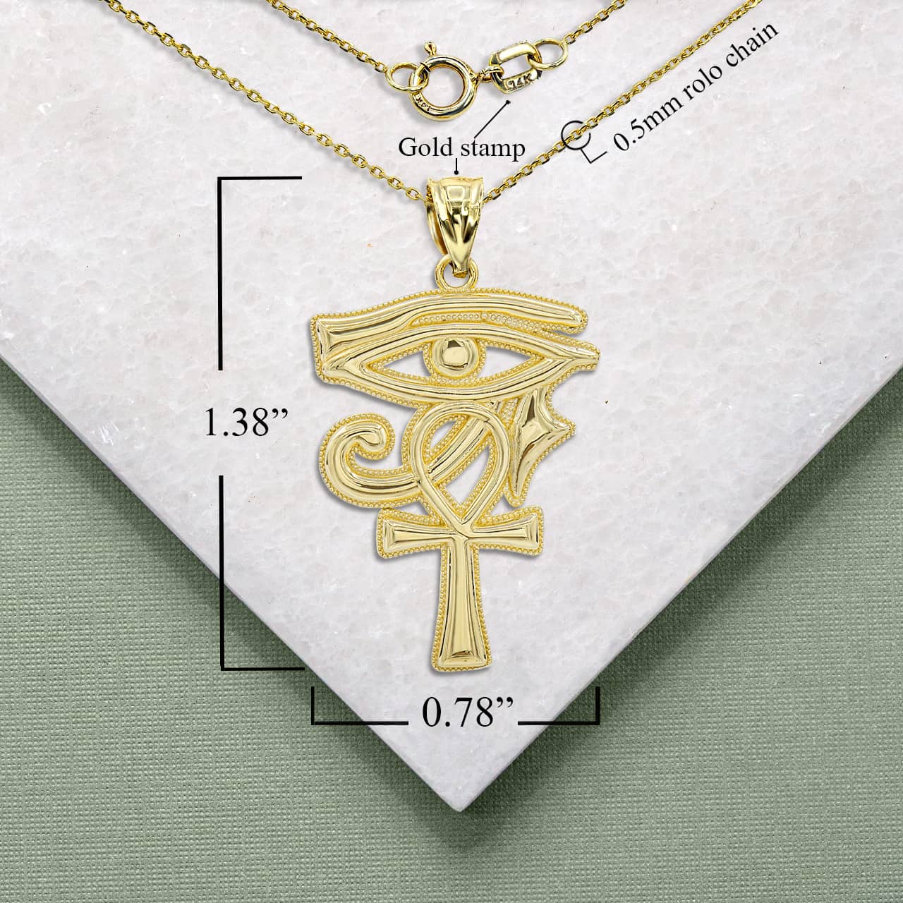 Gold Milgrain Egyptian Ankh Cross Eye of Horus Wadjet Pendant Necklace, view 4