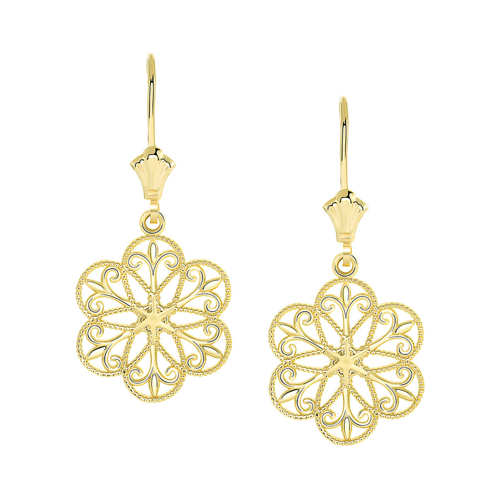 Gold Milgrain Filigree Flower Leverback Earrings