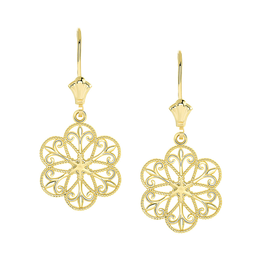 Gold Milgrain Filigree Flower Leverback Earrings
