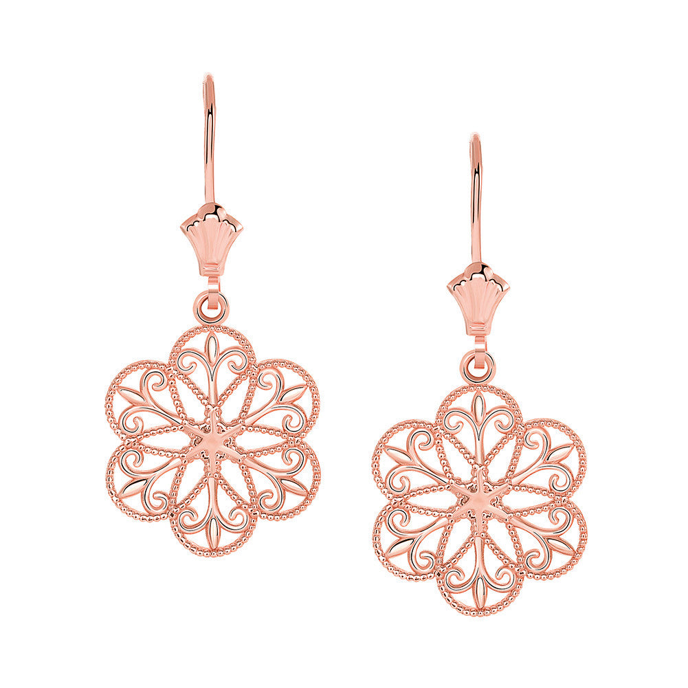 Gold Milgrain Filigree Flower Leverback Earrings, view 2
