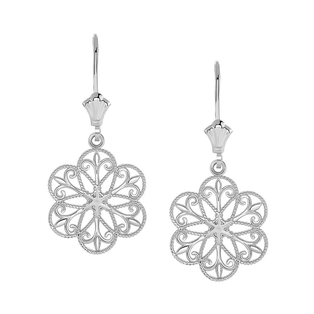 Gold Milgrain Filigree Flower Leverback Earrings, view 3