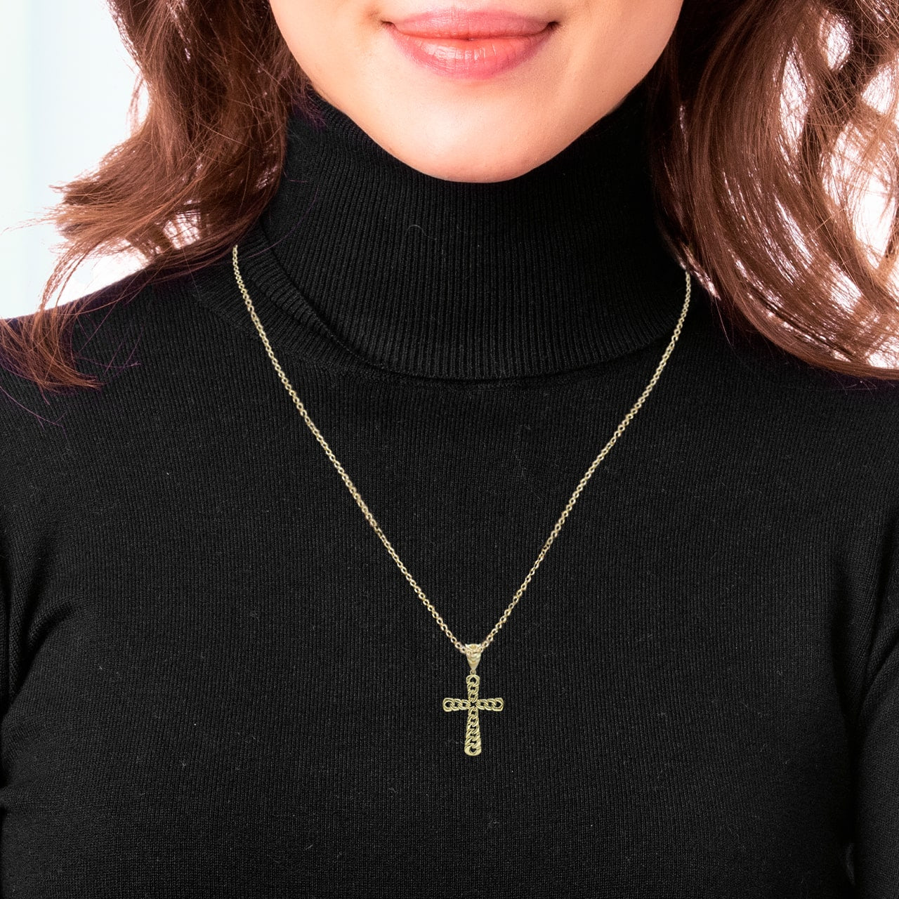 Gold Mini Cuban Link Cross Pendant Necklace, view 5