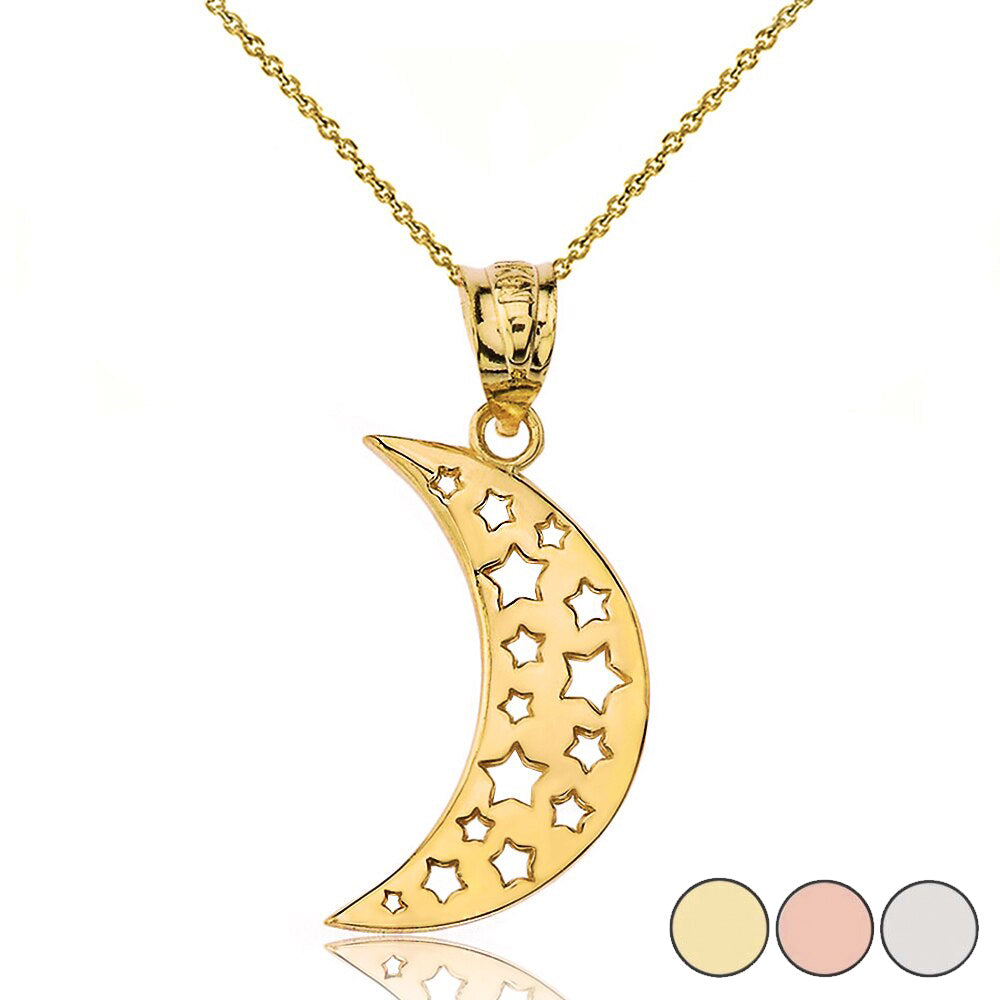 Gold Moon Crescent and Stars Pendant Necklace