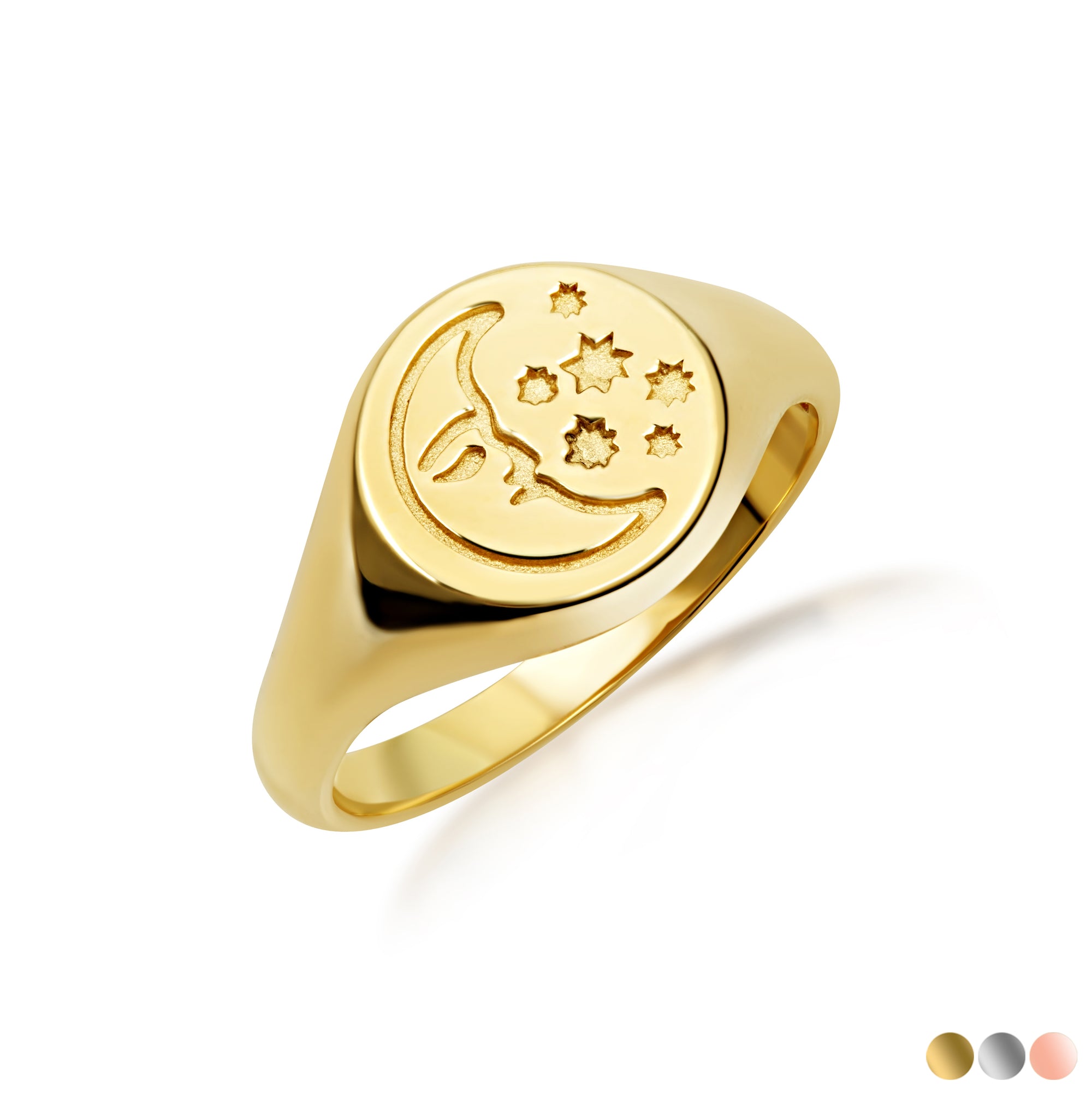 Gold Moon Face Celestial Stars Signet Ring