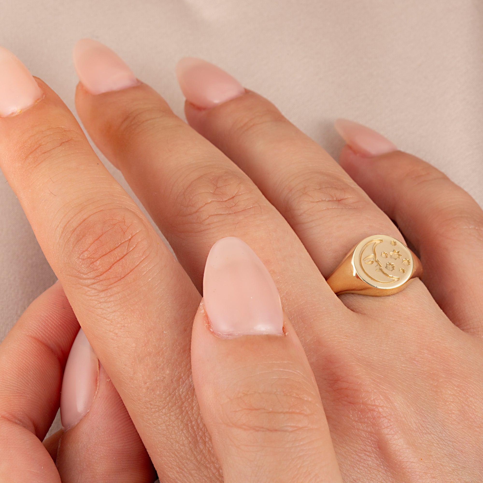 Gold Moon Face Celestial Stars Signet Ring, view 2