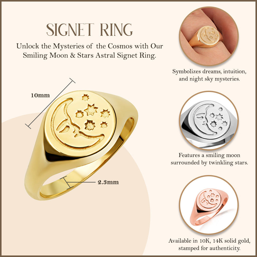 Gold Moon Face Celestial Stars Signet Ring, view 3