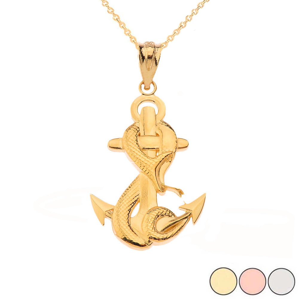 Gold Nautical Anchor Serpent Snake Pendant Necklace