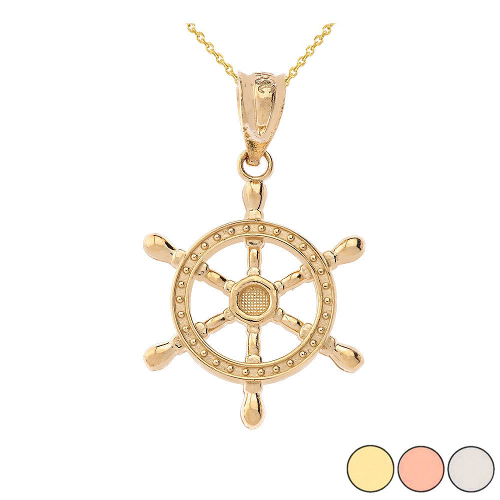 Gold Nautical Ship Wheel Pendant Necklace