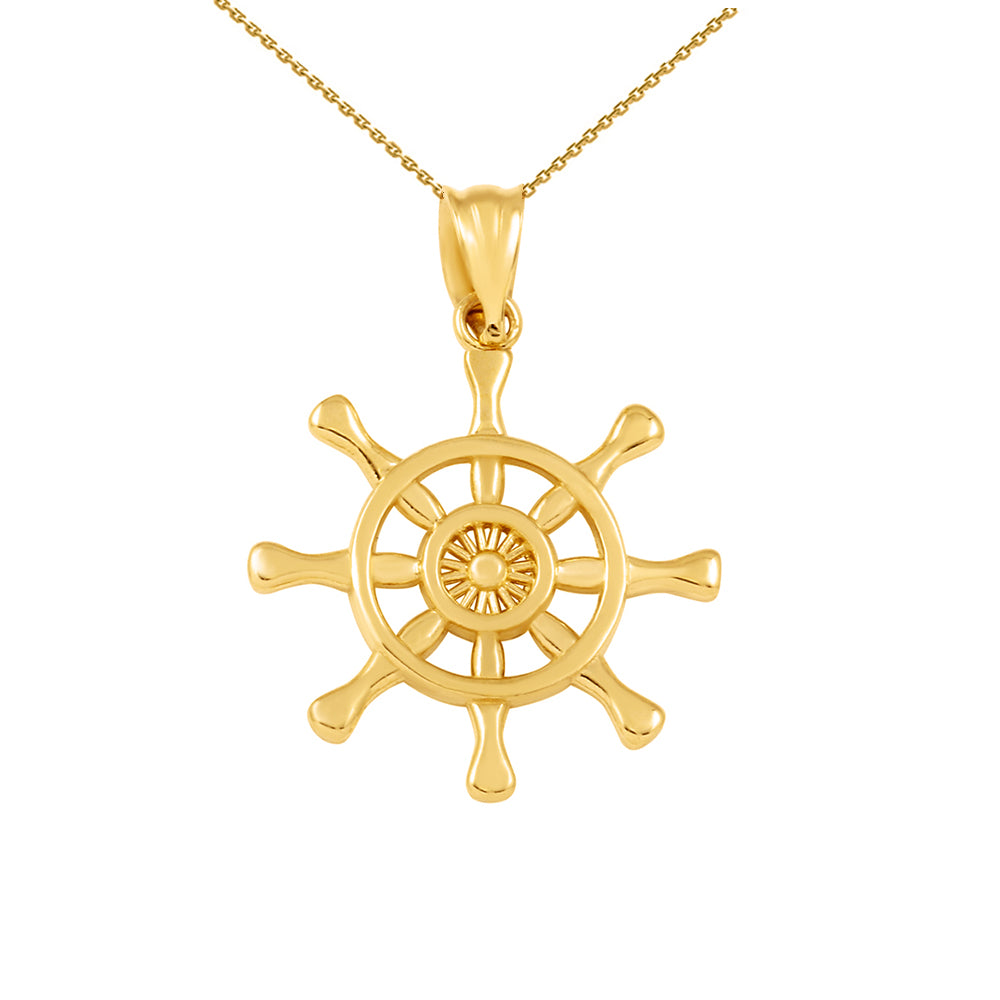 Gold Nautical Ship Wheel Pendant Necklace — Depth: 0.01