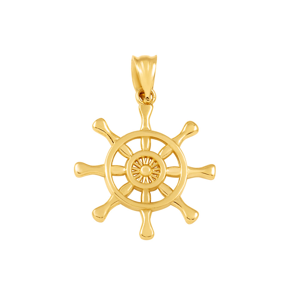 Gold Nautical Ship Wheel Pendant Necklace — Depth: 0.01, view 2