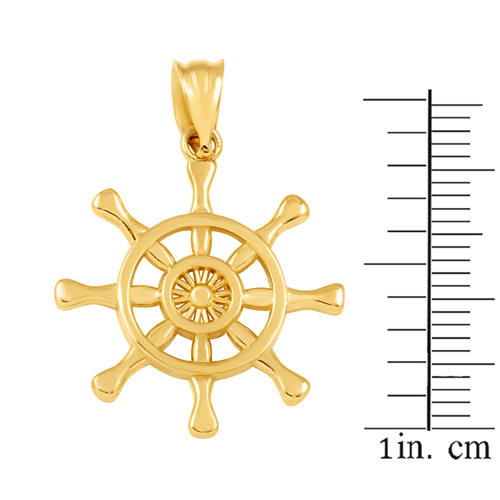 Gold Nautical Ship Wheel Pendant Necklace — Depth: 0.01, view 3
