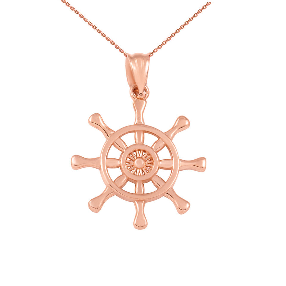 Gold Nautical Ship Wheel Pendant Necklace — Depth: 0.01, view 4