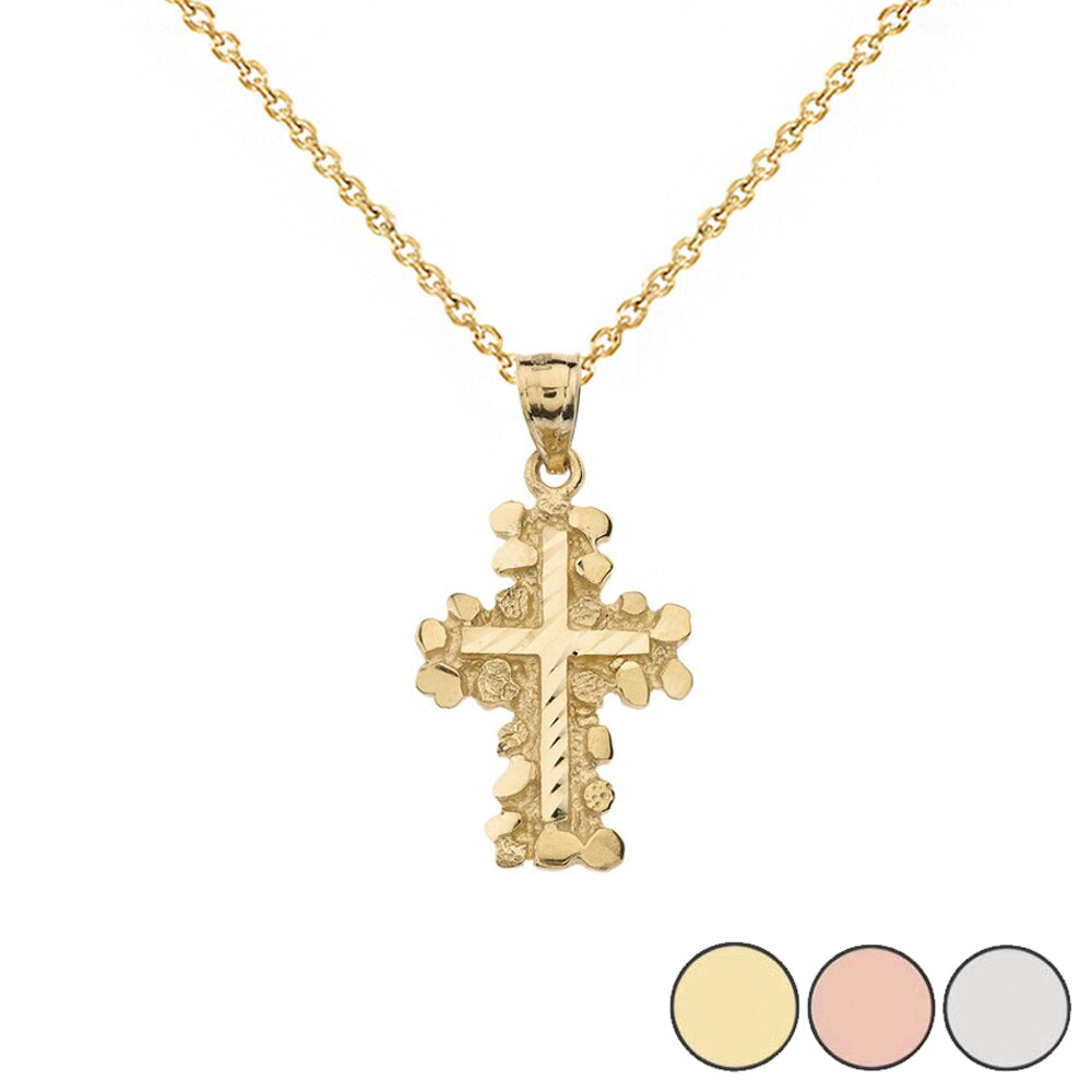 Gold Nugget Cross Pendant Necklace 1.40" (Small)