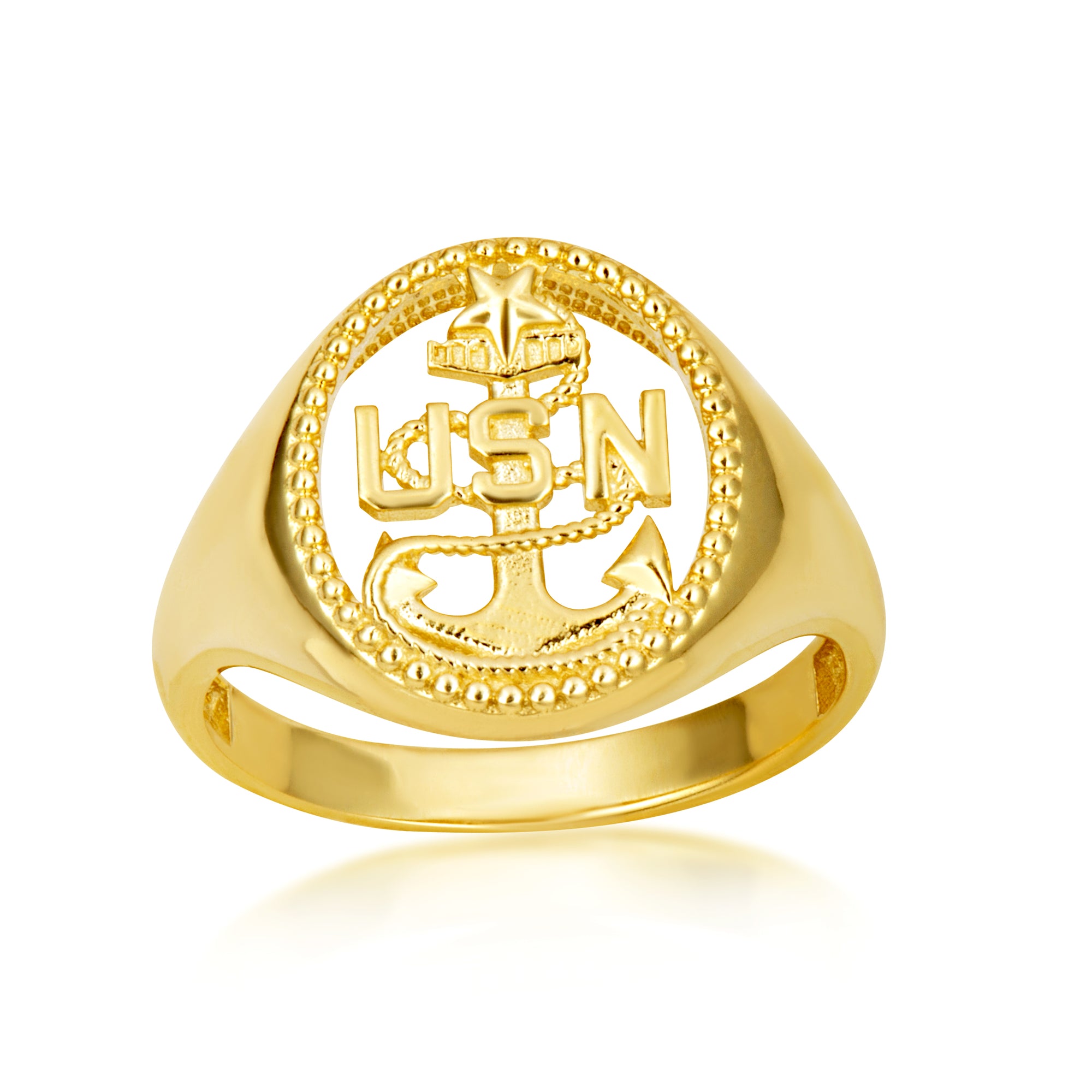 Gold Officially Licensed United States Navy Anchor Senior Chief Petty Officer Milgrain Open Signet Ring, view 5