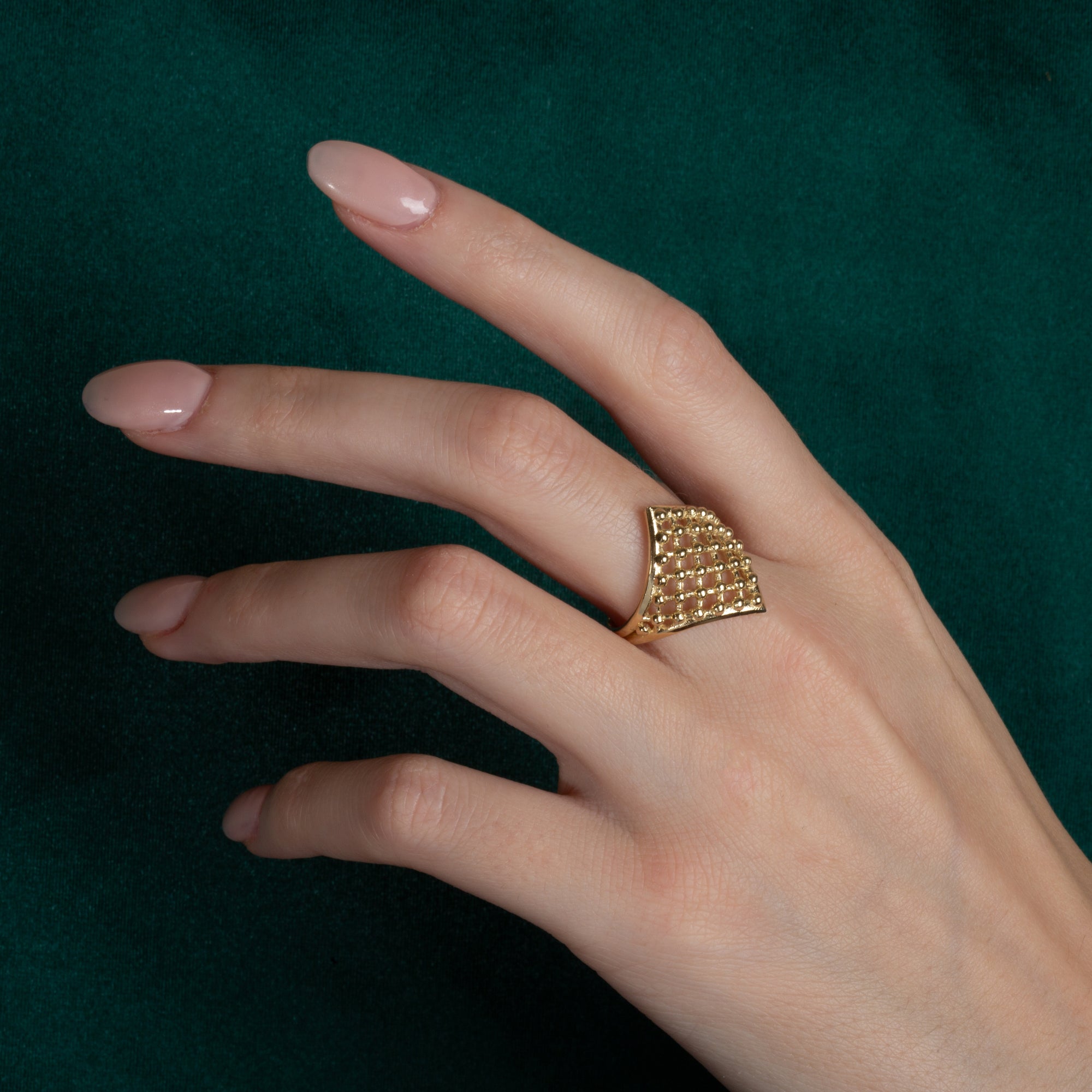 Gold Openwork Design Beaded Square Ring, view 2